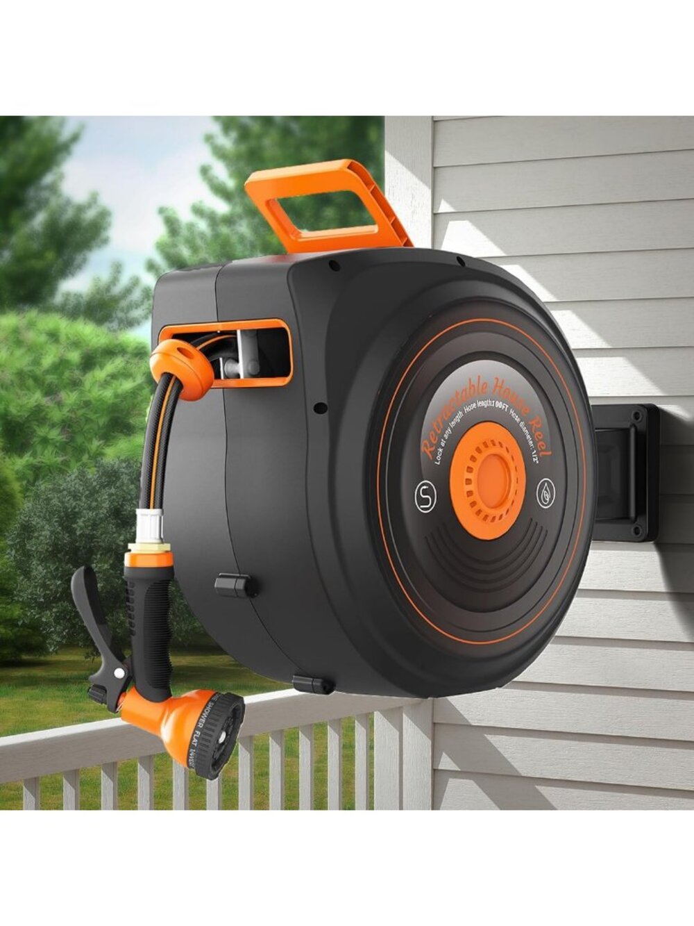 100FT Retractable Garden Hose Reel - Heavy Duty, 10 Spray Patterns, Wall Mount